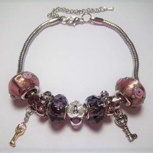 Charm Bracelet Keys and Locks Purple Glass Metal Lined Beads